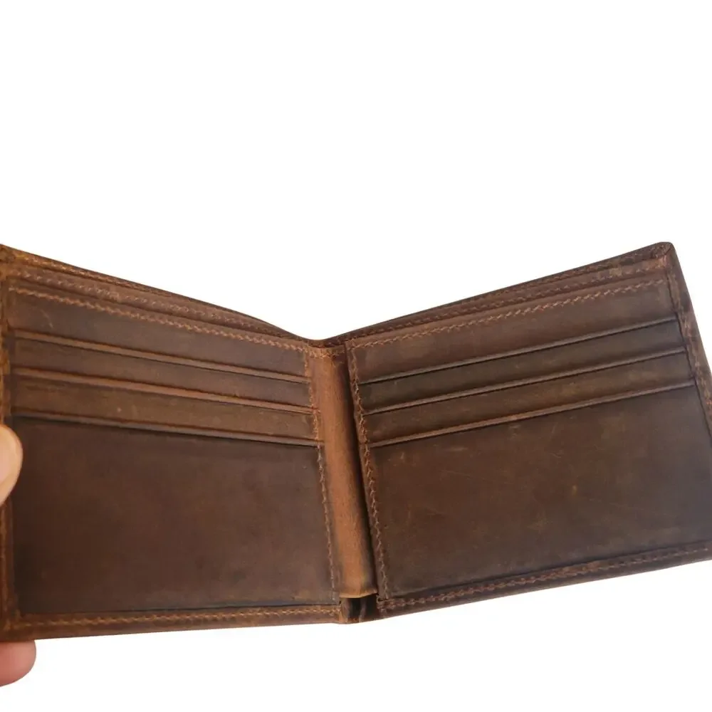 Vintage oiled brown leather bifold wallet mens. New, never been used